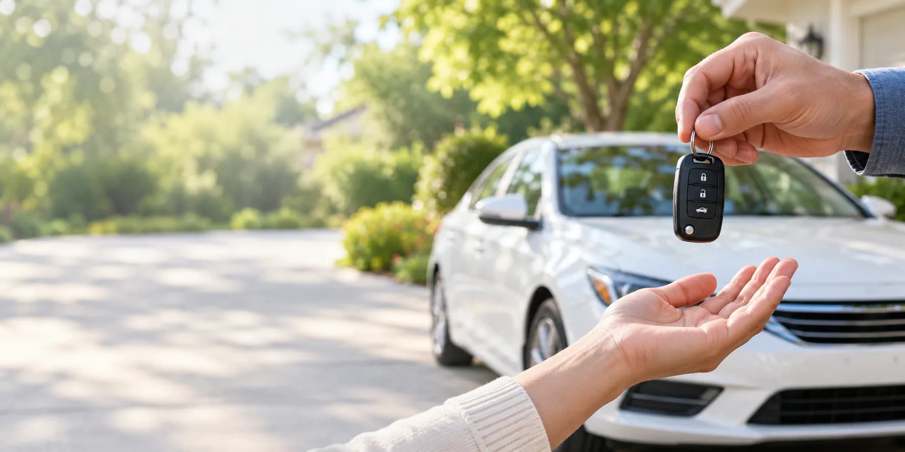 Illustration of car keys being handed over beside a parked sedan.