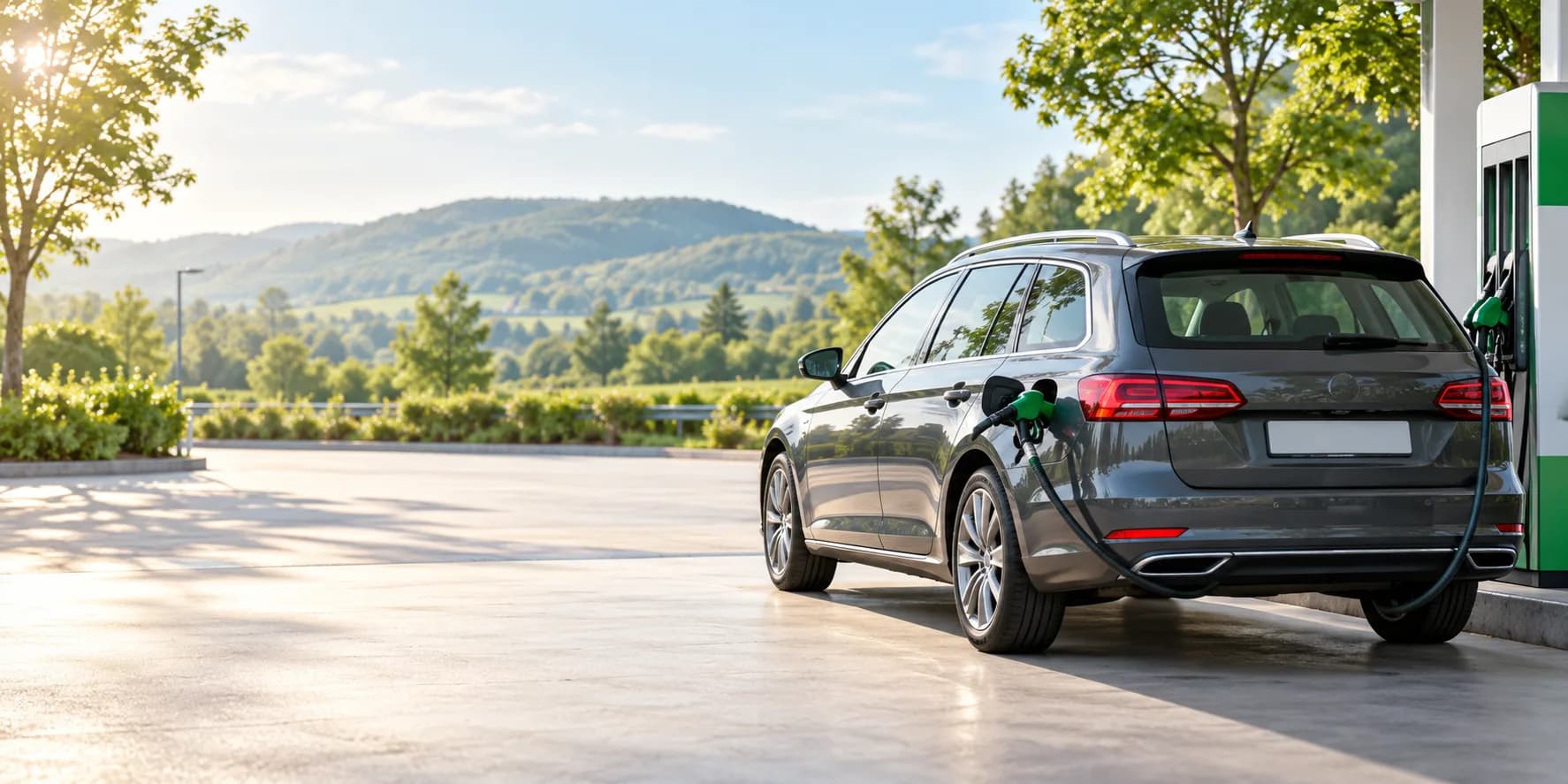 Illustration of a station wagon refueling at a roadside station.