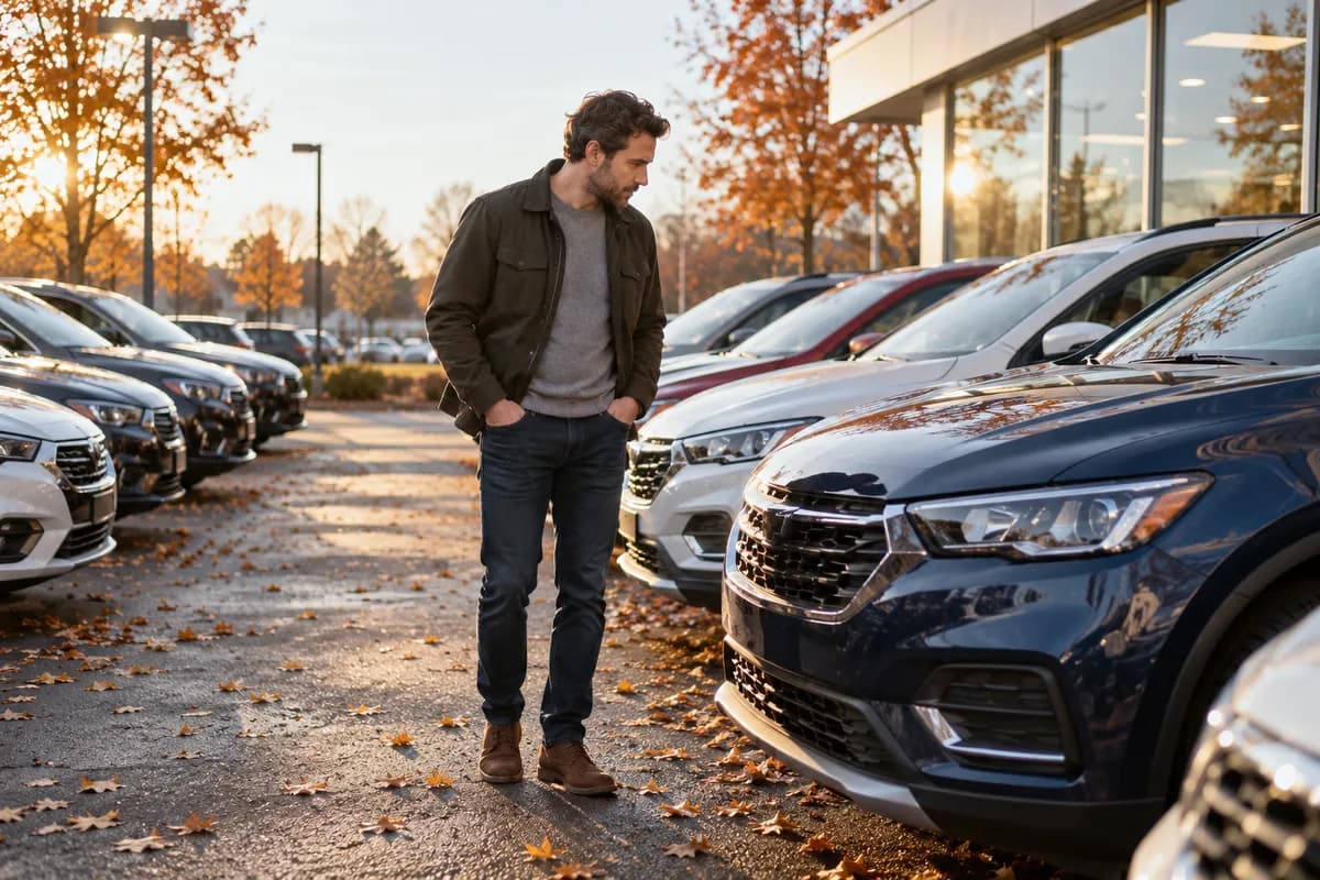 Buyer comparing used cars on a dealership forecourt in autumn.