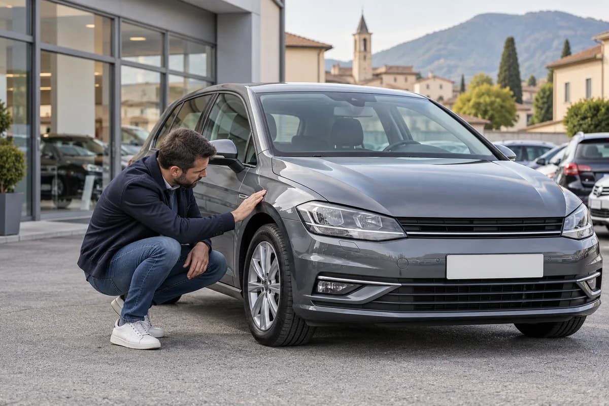 Buyer inspecting a compact hatchback at a European garage.
