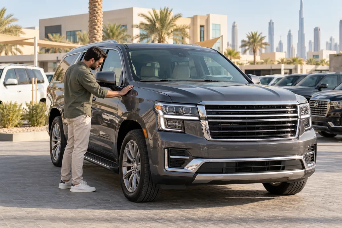 Buyer inspecting a used SUV on a Dubai forecourt.