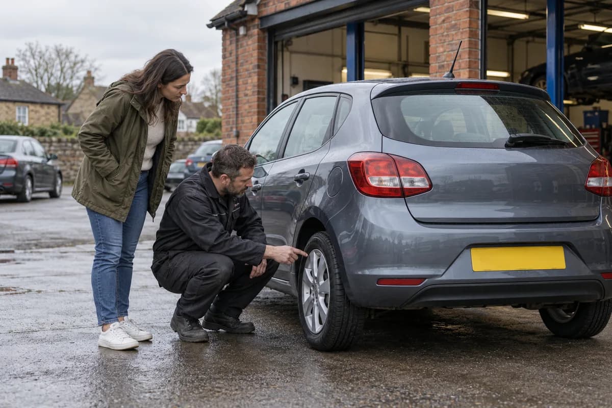 Buyer and mechanic inspecting a hatchback outside a British garage.