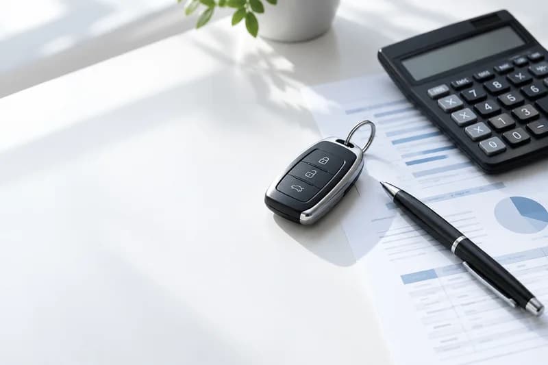 Illustration of a calculator, paperwork, pen and car key on a desk.