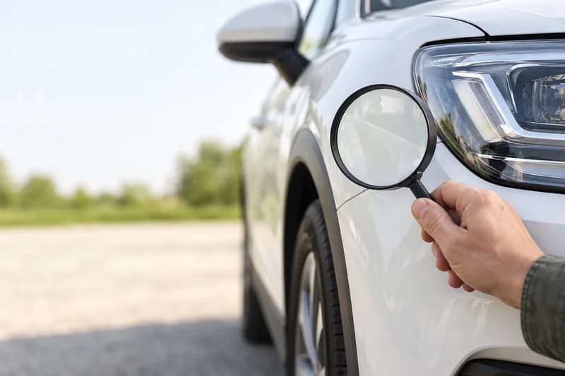 Illustration of a magnifying glass held beside a car's headlight.