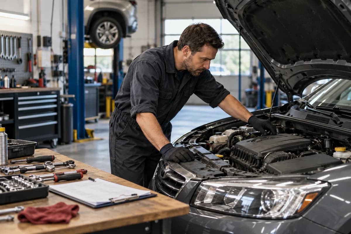 Mechanic inspecting a used car in a workshop with service tools nearby.
