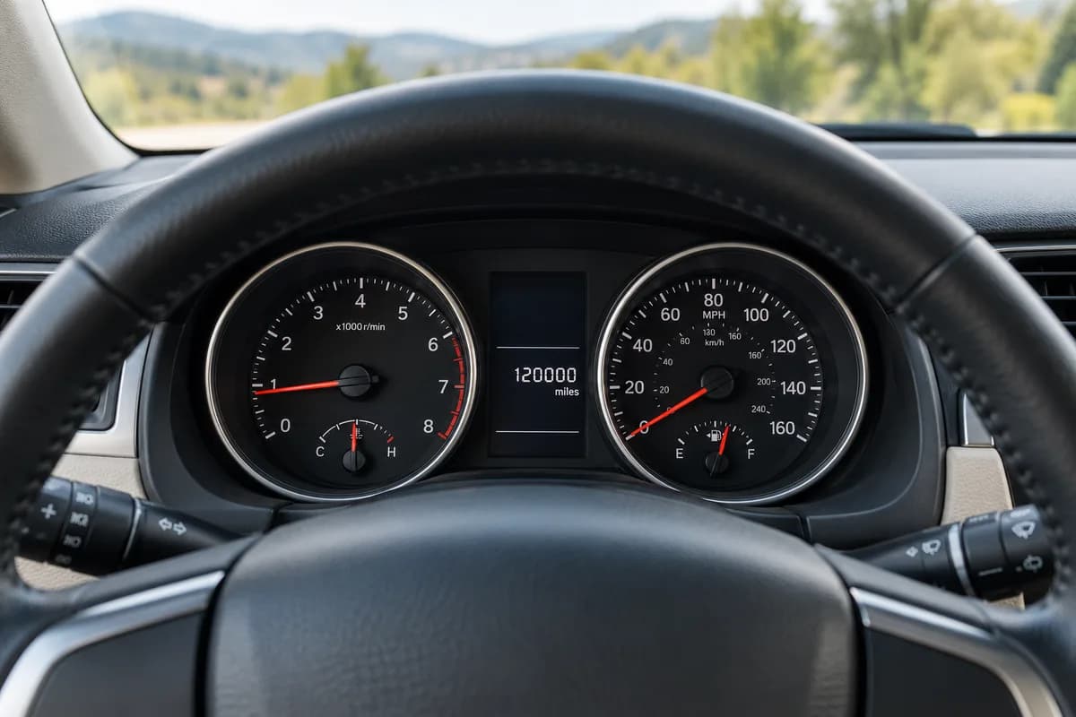 Odometer and dashboard inside a well-maintained used car.