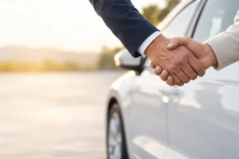 Illustration of a handshake beside a parked car.