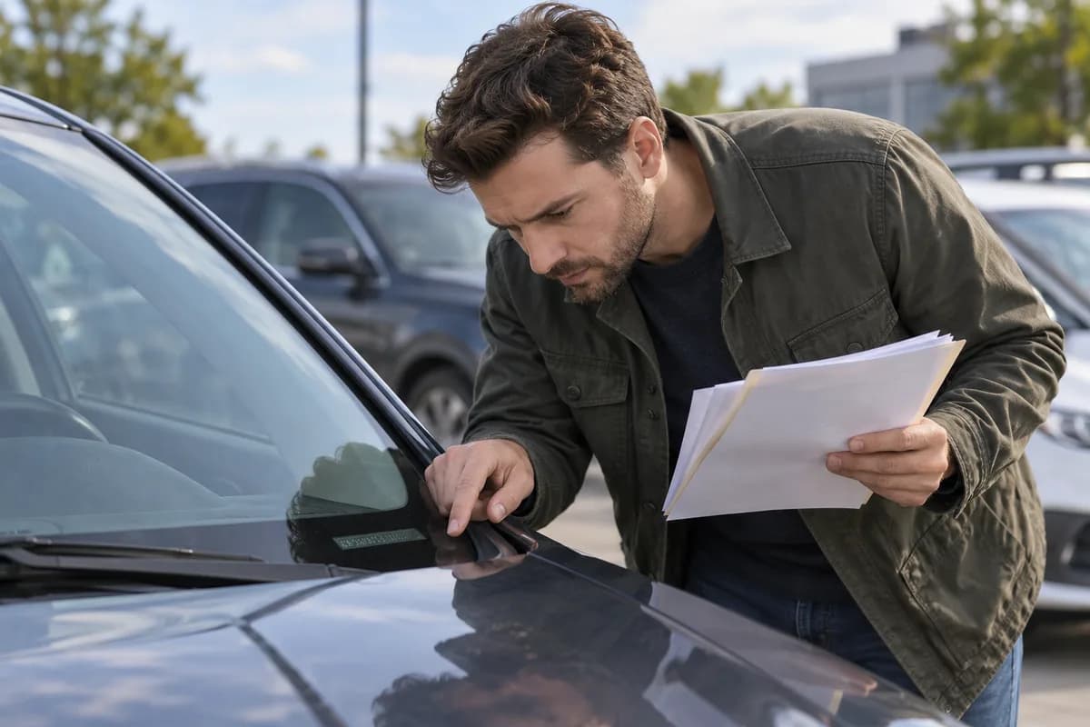 Buyer checking vehicle identification against paperwork.