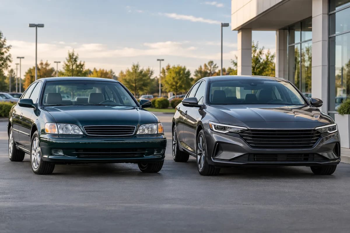 An older sedan and a modern sedan parked side by side.