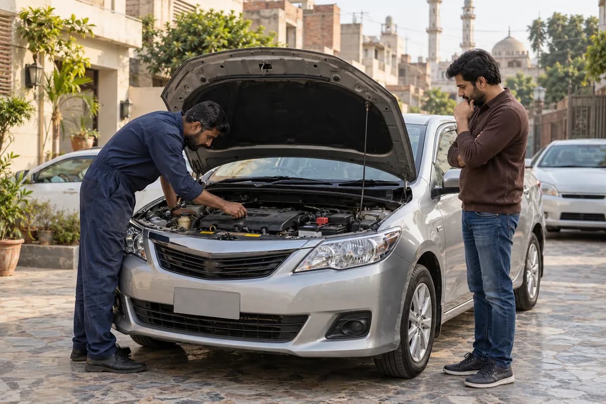 Buyer and mechanic inspecting a compact sedan on a Lahore forecourt.