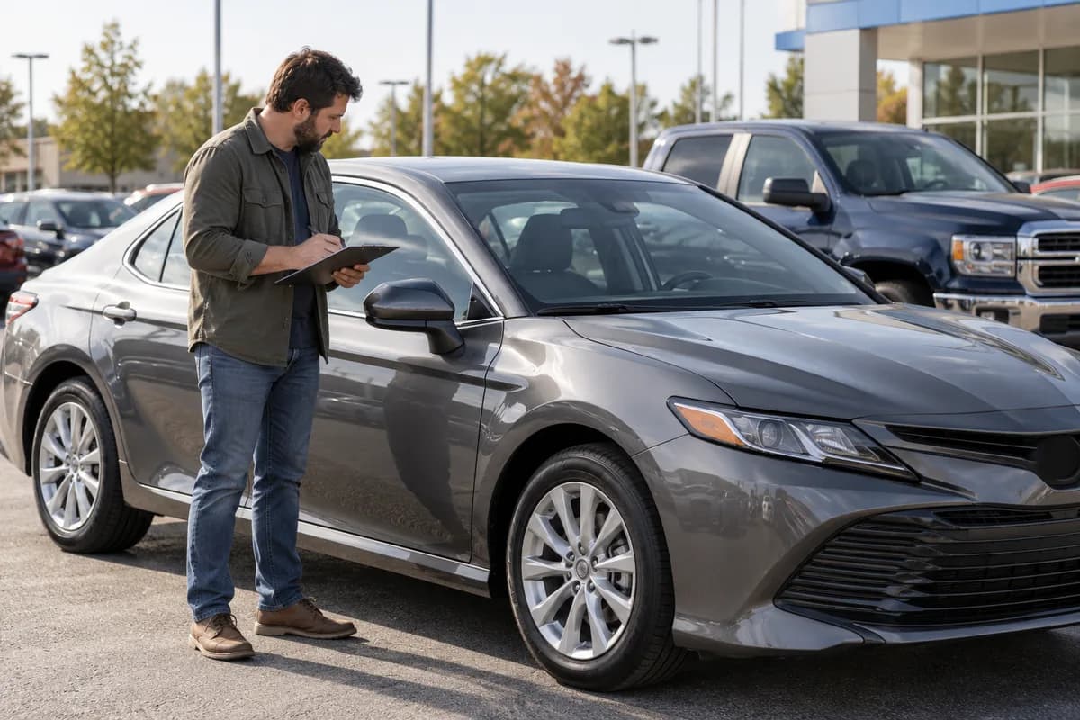 Buyer examining a used sedan at an American dealership.