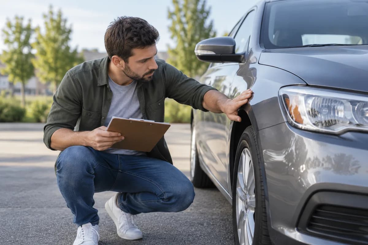 Buyer using a clipboard to inspect the exterior of a parked used car.
